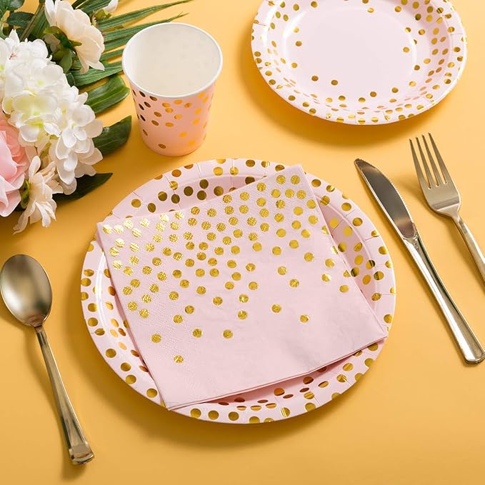 HOMIX Pink and Gold Party Supplies, Disposable 175Pcs Gold Dots on