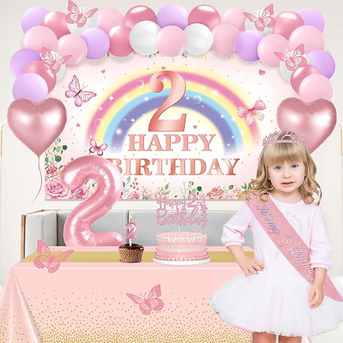 2nd Birthday Decorations for Girl 47pcs Pink Flower Rainbow Banner