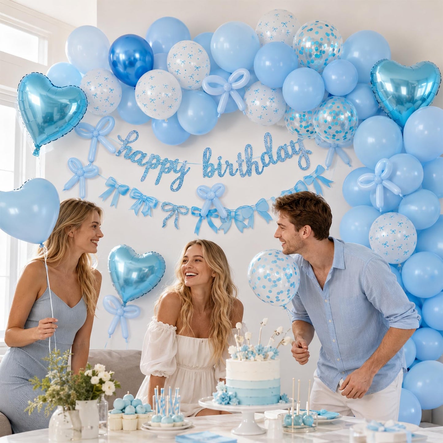 Blue Bow Birthday Decorations, Coquette Party Decor with Happy