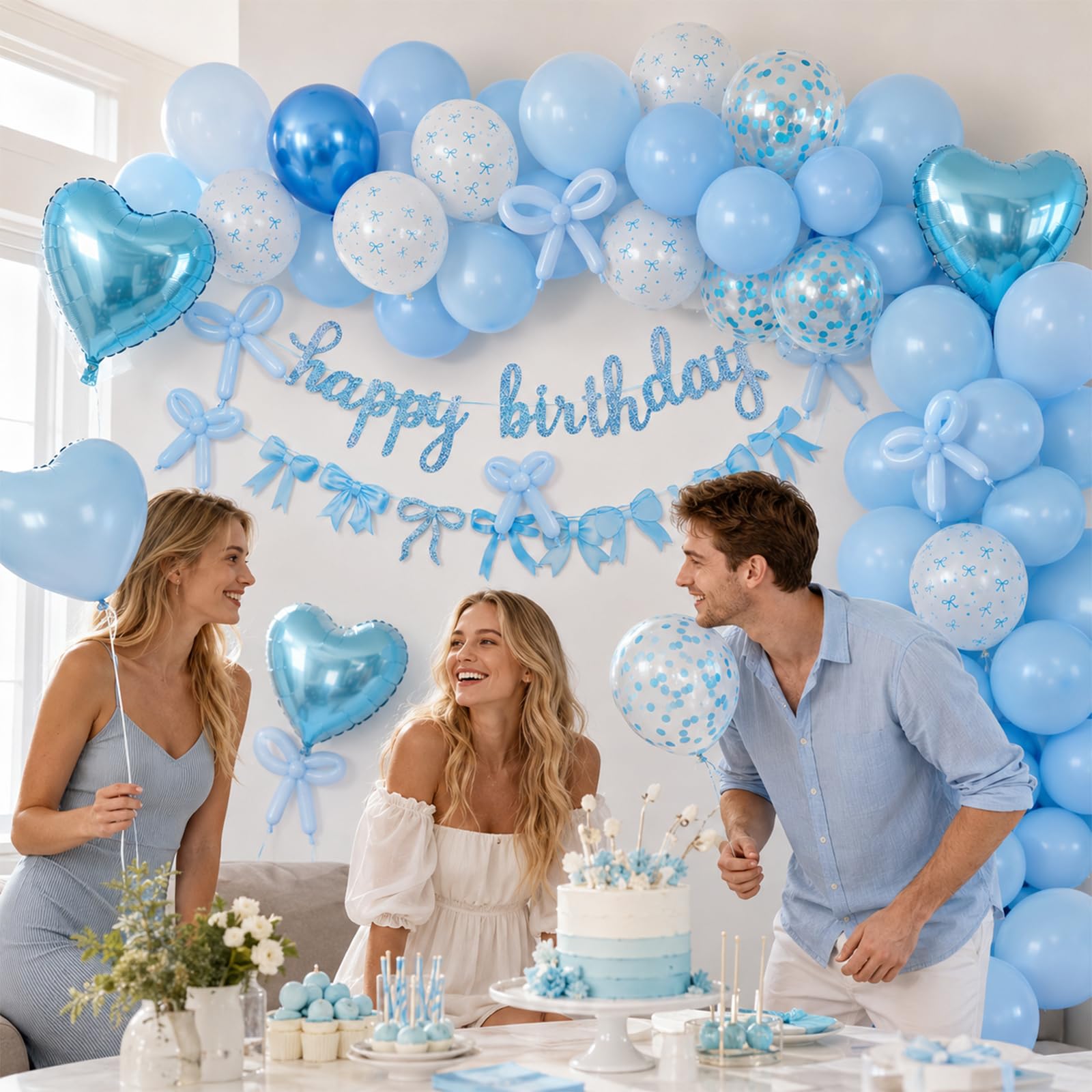 Blue Bow Birthday Decorations, Coquette Party Decor with Happy