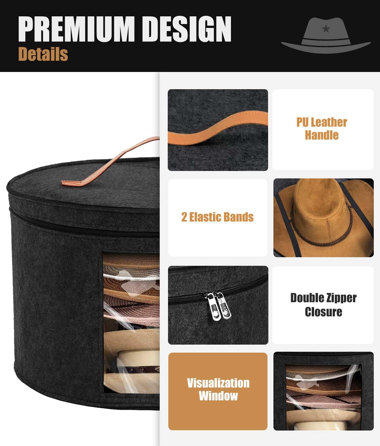 PANGTON Hat Box, Travel Hat Storage Box, Foldable Space-saving Hats