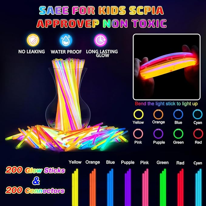 200 Pcs Glow Sticks Bulk Party Pack, 8'' Glow in the Dark Party