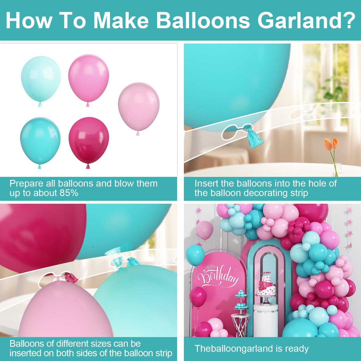 Hot Pink and Teal Blue Balloon Arch Garland Kit, Rose Red Teal Blue