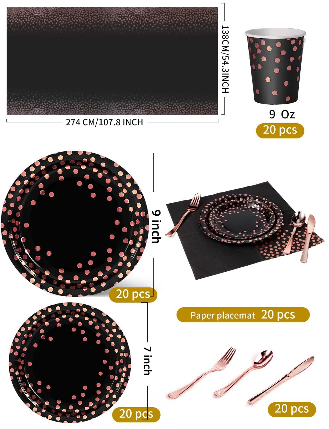 Nkaiso 141 Pieces Black and Rose Gold Party Supplies, Disposable Party