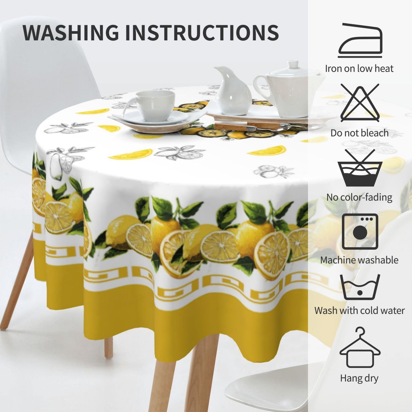 elezan Lemon Round Tablecloth 70 inch, Yellow Citrus Fruit Summer