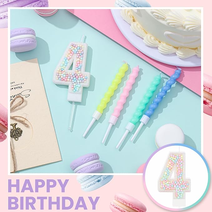 MTLEE Number 4 Birthday Candle with 12 Pcs Spiral Candles for Girls Ma