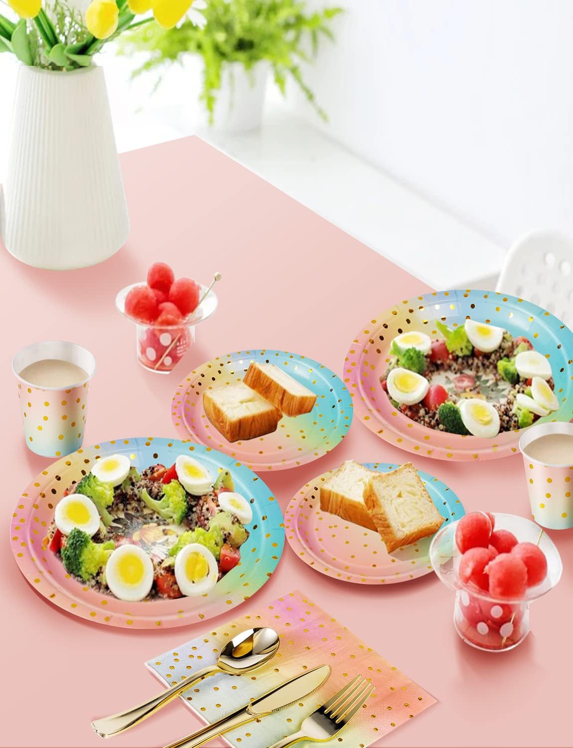 Nkaiso 141 Pieces Rainbow Gold Party Supplies, Party Dinnerware Sets