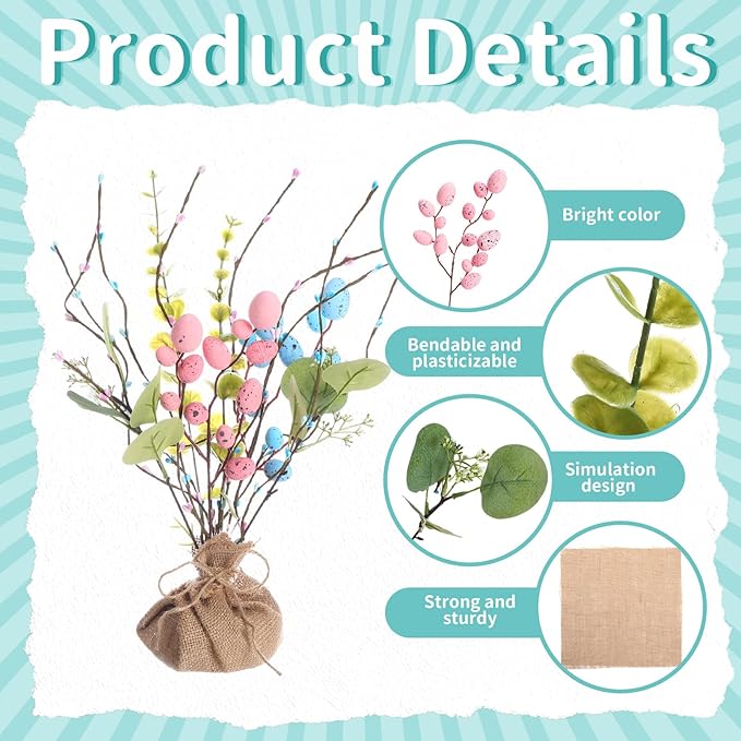 12 Set Easter Egg Tree Decor DIY Easter Table Decoration 12'' Pastel