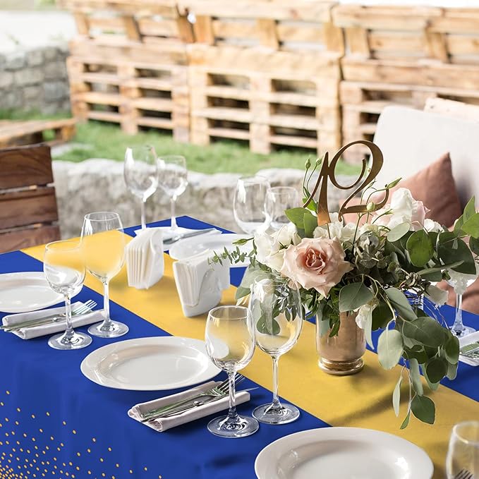 16Pack Disposable Plastic Tablecloths and Satin Table Runner Set Blue