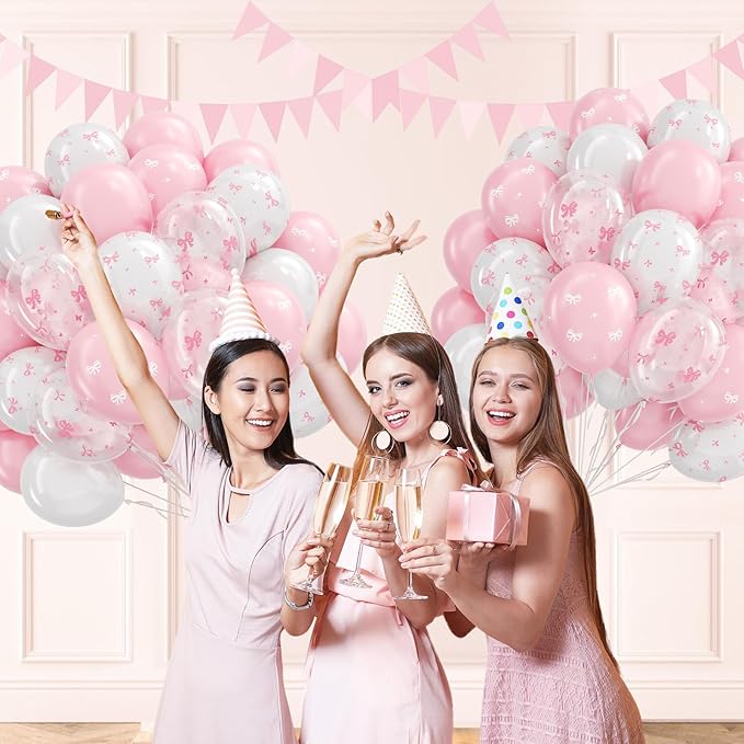 60pcs Pink Bow Balloons 12inch with Pink White Clear Bow Balloons for