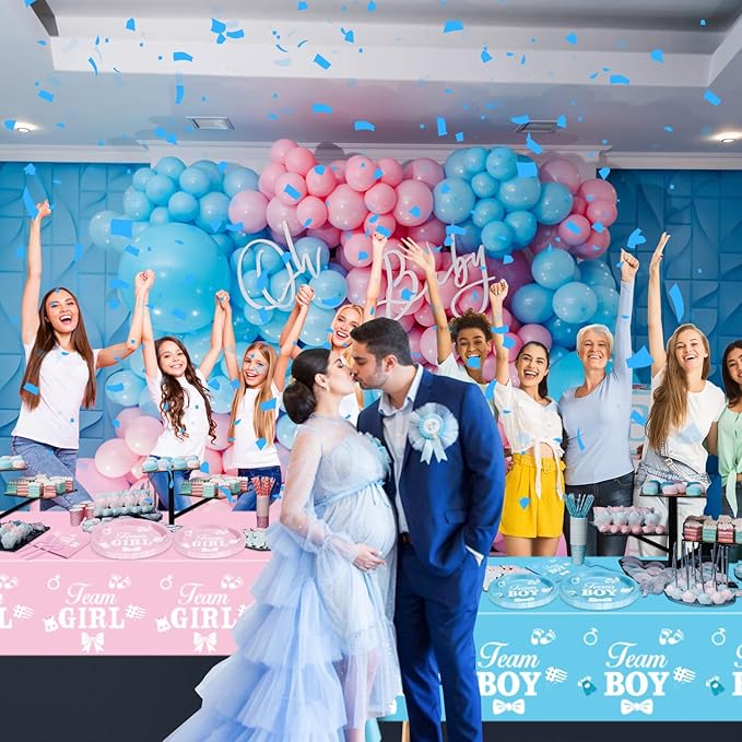 Gender Reveal Decorations Including Boy or Girl Plates Napkins Team