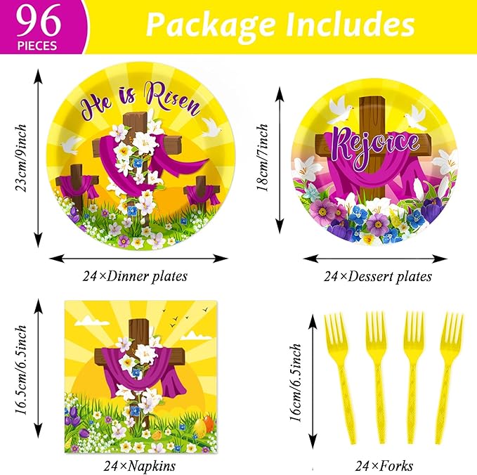 96 Pcs Easter Tableware Set He is Risen Plates Happy Easter Party