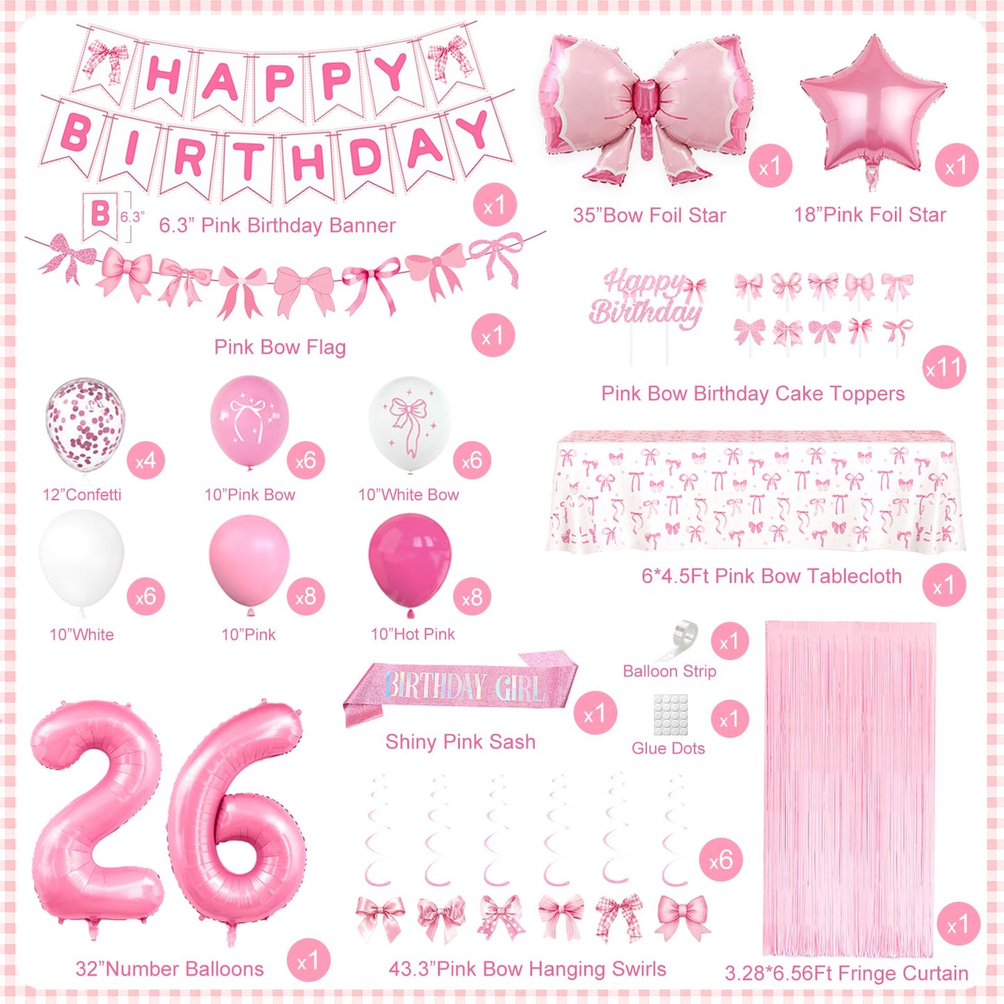 26th Pink Birthday Decorations for Women, Pink Bow Coquette Birthday