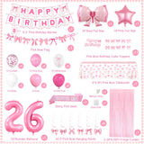 26th Pink Birthday Decorations for Women, Pink Bow Coquette Birthday