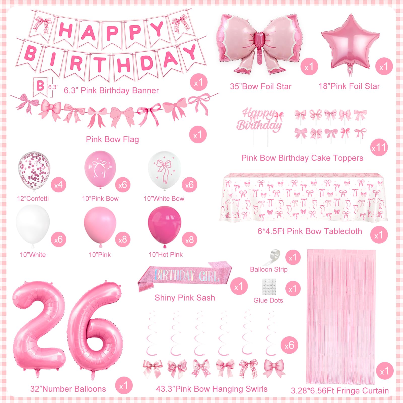 26th Pink Birthday Decorations for Women, Pink Bow Coquette Birthday