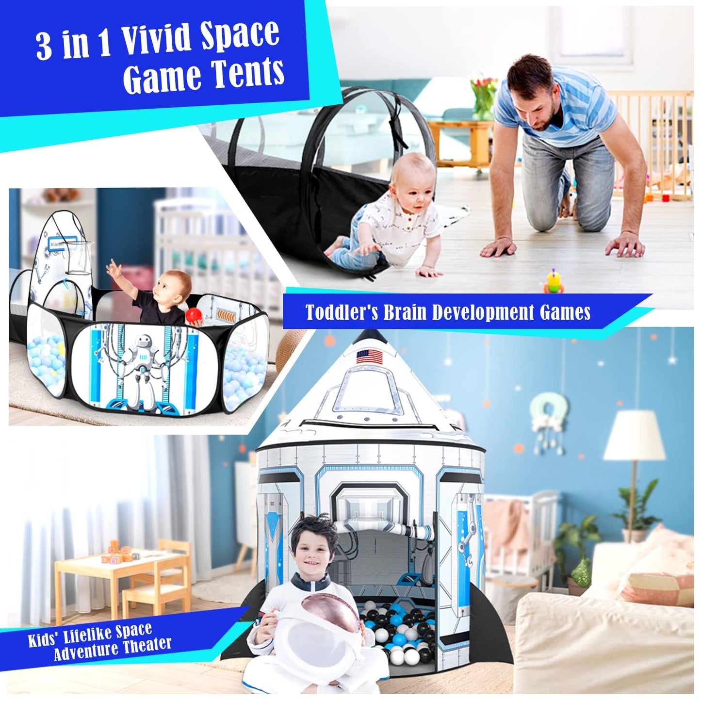 3pc Kids Play Tent for Girls with Ball Pit, Crawl Tunnel, Princess