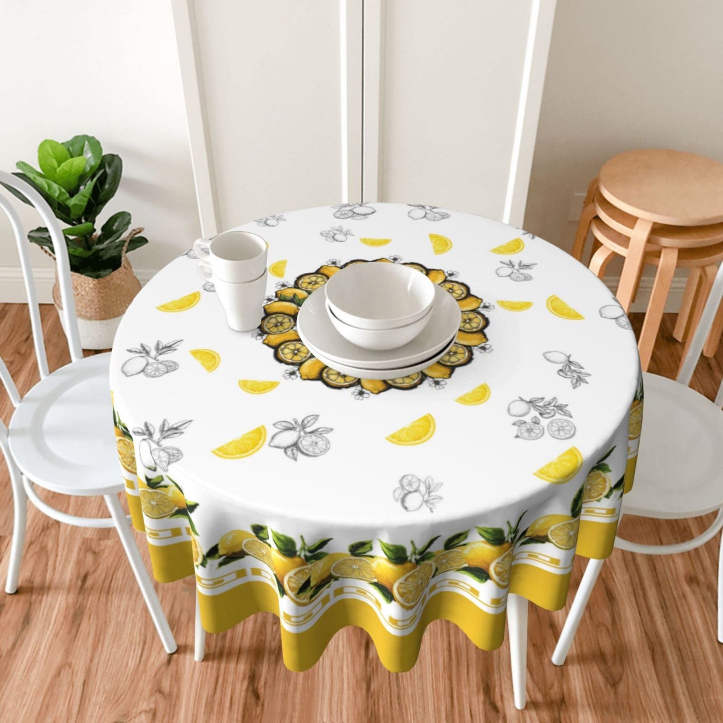 elezan Lemon Round Tablecloth 70 inch, Yellow Citrus Fruit Summer
