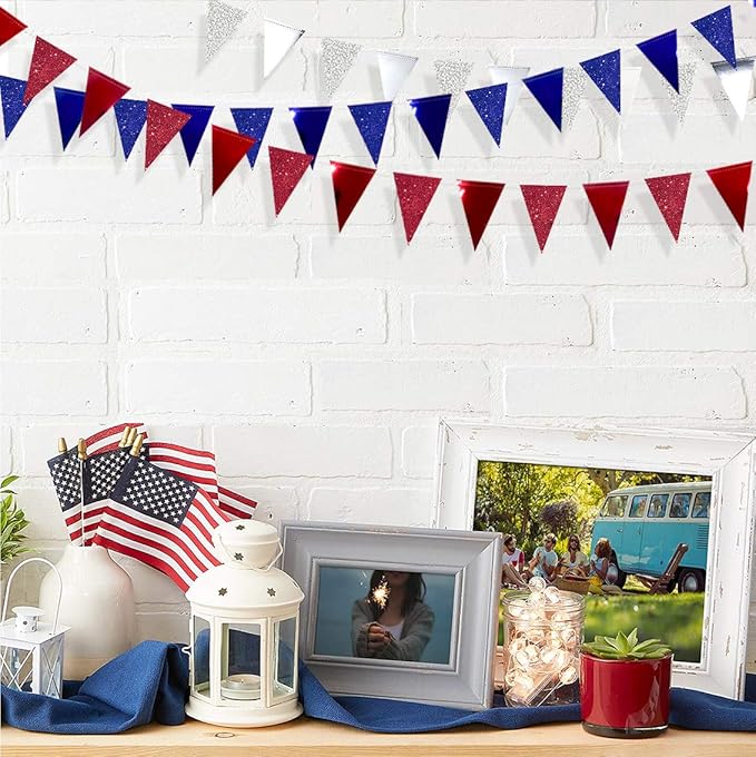 30 Ft Red Silver Blue Triangle Pennant Banner Bunting Hanging Paper
