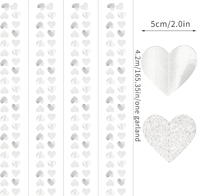 White -Silver Disco Party-Decoration Heart Garland - 52ft Birthday