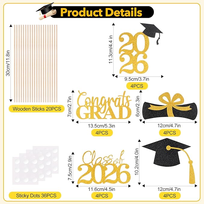 Graduation Decorations 2026, 20 PCS Sparkling Black and Gold