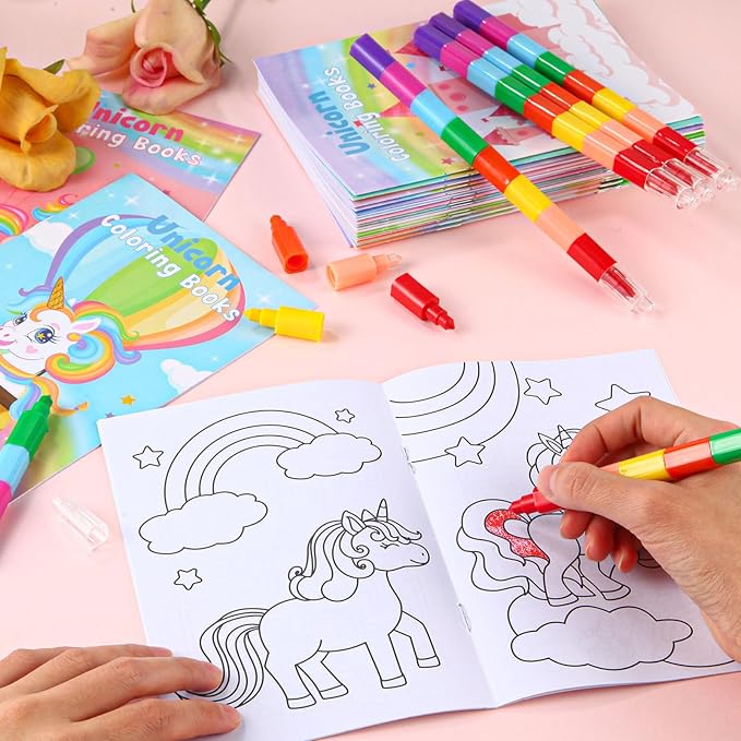 12 Unicorn Mini Coloring Books Kids with 12 Stacking Crayons Unicorn