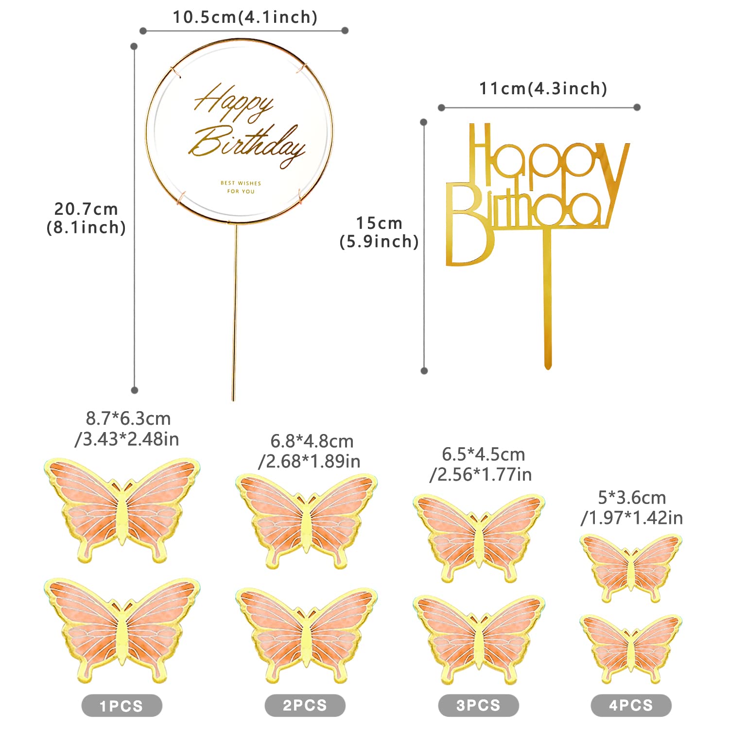 LANGPA 22-Pieces Butterfly Cake Decorations With Happy Birthday Orange