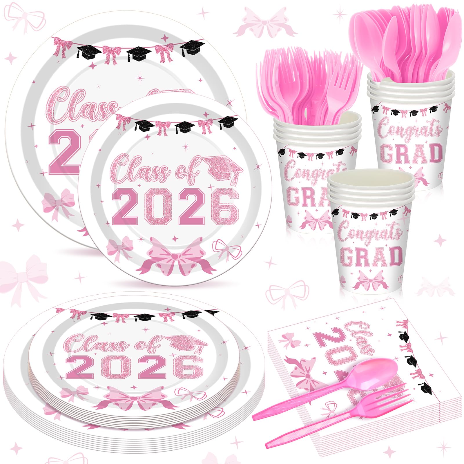Sunnychicc 168 Pcs Pink Graduation Decorations Pink Bow Class of 2026