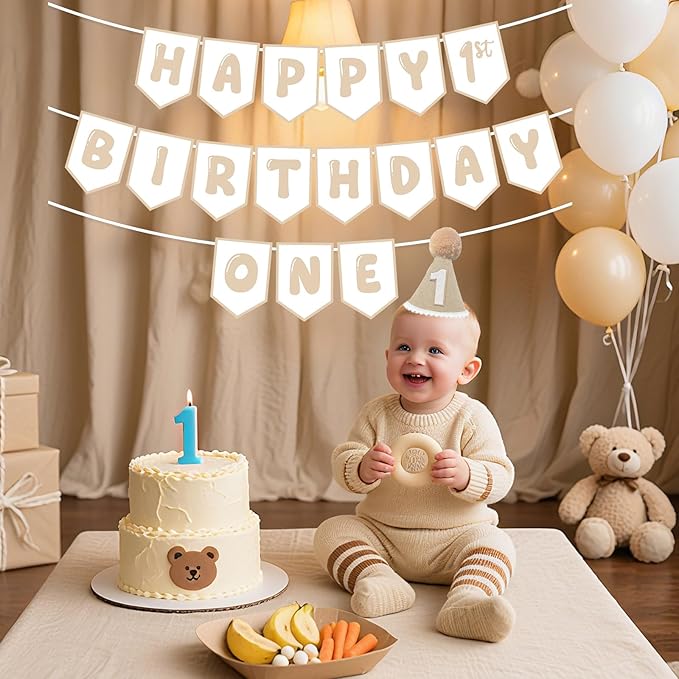 Beige Pre Strung Happy 1st Birthday Banner and One Birthday Hat for