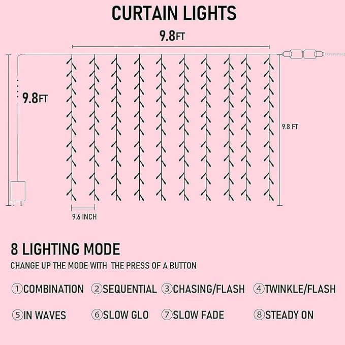 Dazzle Bright 300 LED Curtain String Lights Valentine's Day Fairy