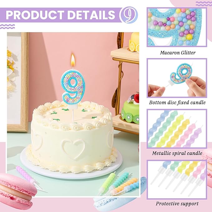 MTLEE Number 9 Birthday Candle Macaron Glitter 3D Number Candle with