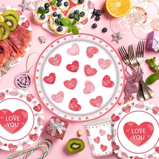 140Pcs Pink Heart Valentine's Day Party Supplies Love You Plates and