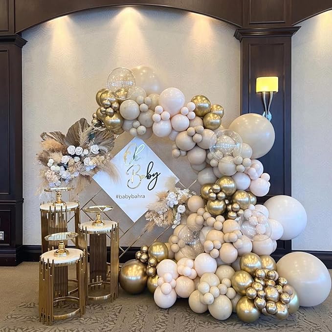 White Sand Gold Balloons Set, 12 Inch Double Stuffed Blush Beige Boho