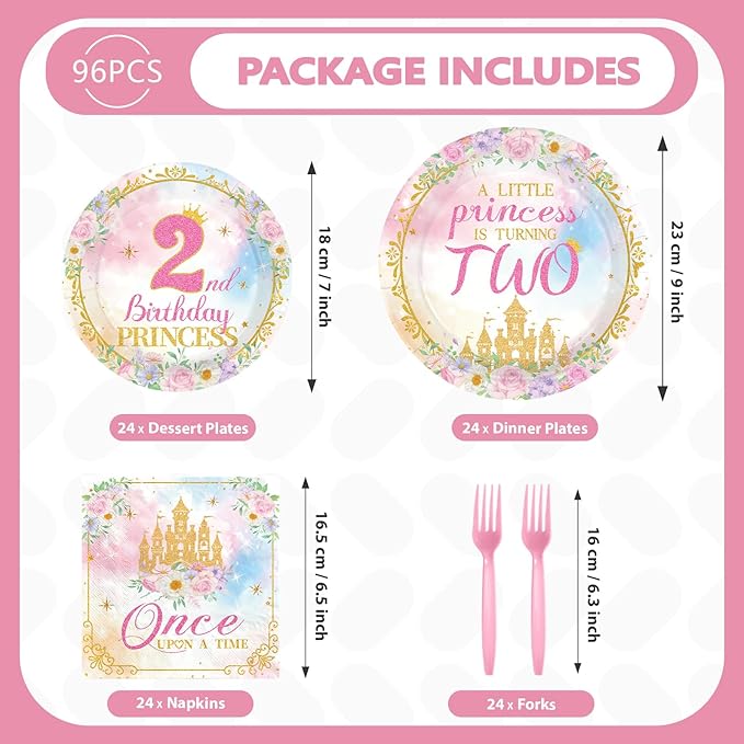 96Pcs Princess 2nd Birthday Party Decorations for Girls A Little