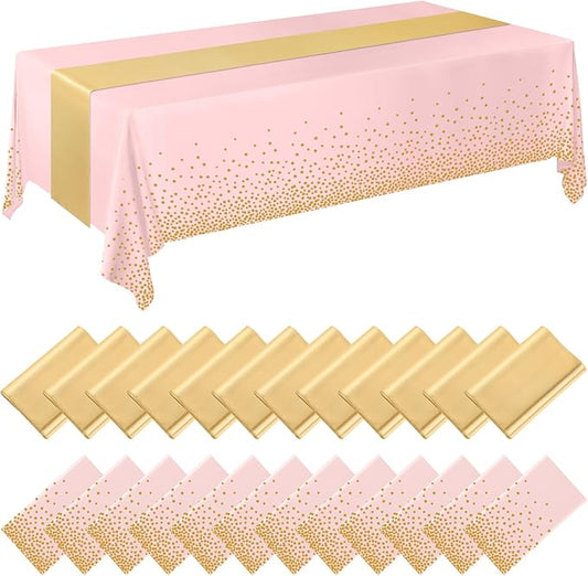 Breling 24 Pack Pink and Gold Disposable Plastic Tablecloths and