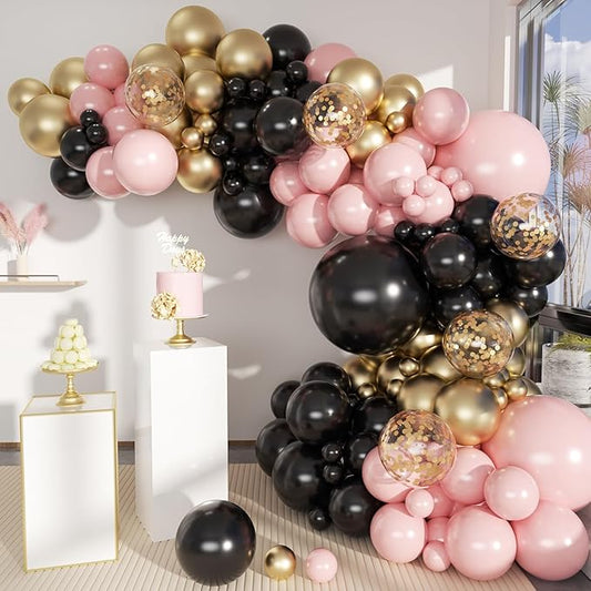 Black Pink and Gold Balloon Garland Arch Kit 156 Pastel Pink Matte