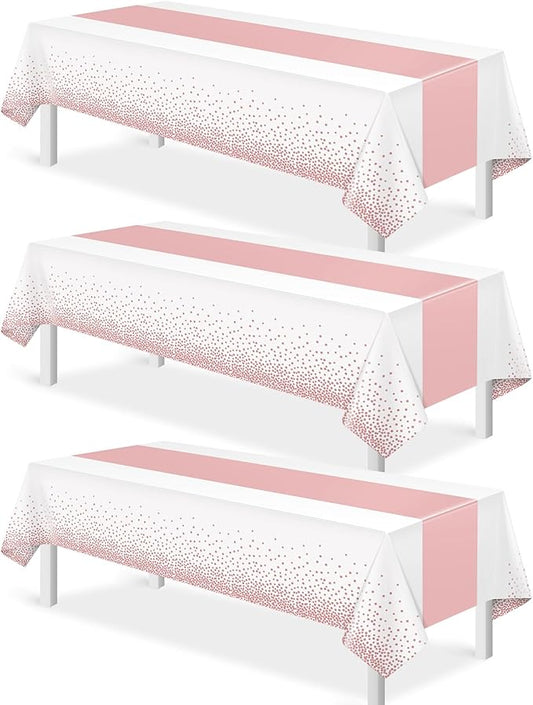 3Pcs White and Rose Gold Tablecloth Party Decorations,Plastic White