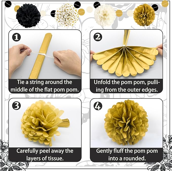 Black and Gold Party Decorations 16 PCS Tissue Paper Pom Poms Dots