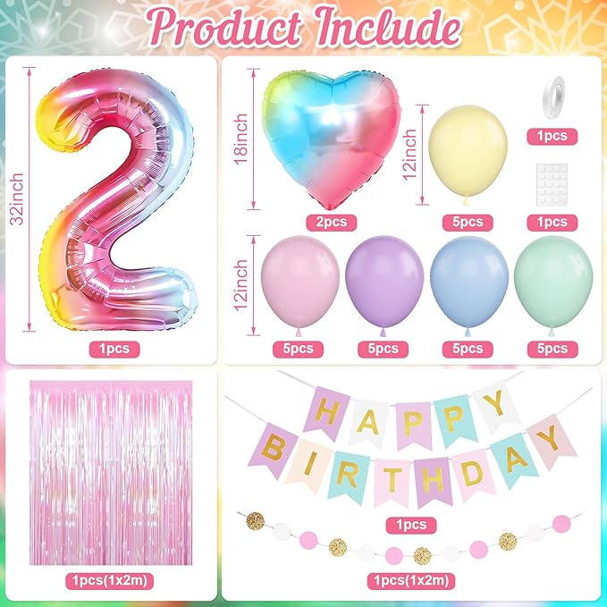 2nd Birthday Decorations Rainbow Gradient Number 2nd Balloon Pastel