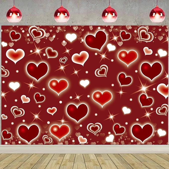 Red Heart Party Backdrop 8x6FT Valentine's Day Photography
