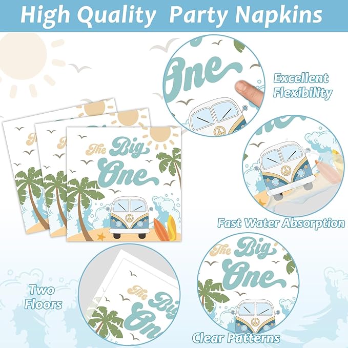 Summer Beach The Big One Party Plates Napkins Boy Surfing First