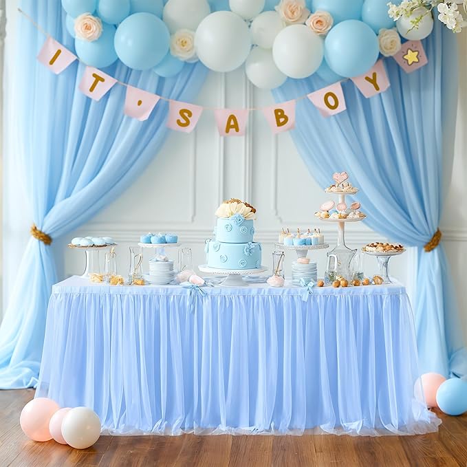 14ft Baby Blue Tulle Table Skirt for Baby Shower Boy Light Blue Tutu