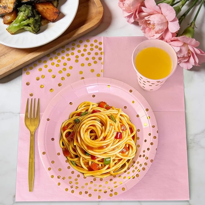 Pink and Gold Party Supplies Includes 9" Paper Plates and Napkins