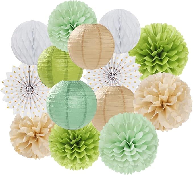 Olive Sage Green Boho Party Decorations Streamers Lanterns 14pcs