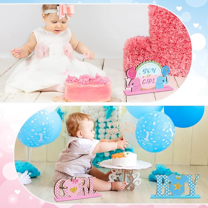 6 Pcs Baby Gender Reveal Table Wooden Decorations Blue and Pink