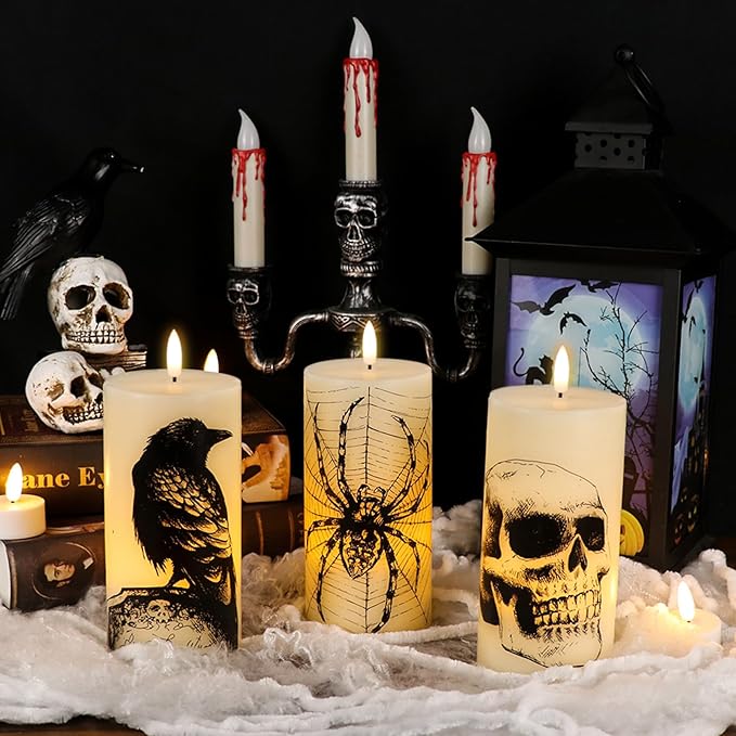 Halloween Flickering Candles Remote with Skull Spider Web Crow Raven