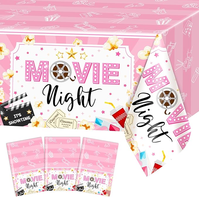 3 pcs Movie Night Decorations Pink Movie Night Tablecloths 108 x 54