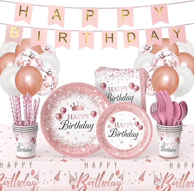 Rose Gold Birthday Party Supplies 212Pcs Disposable Party