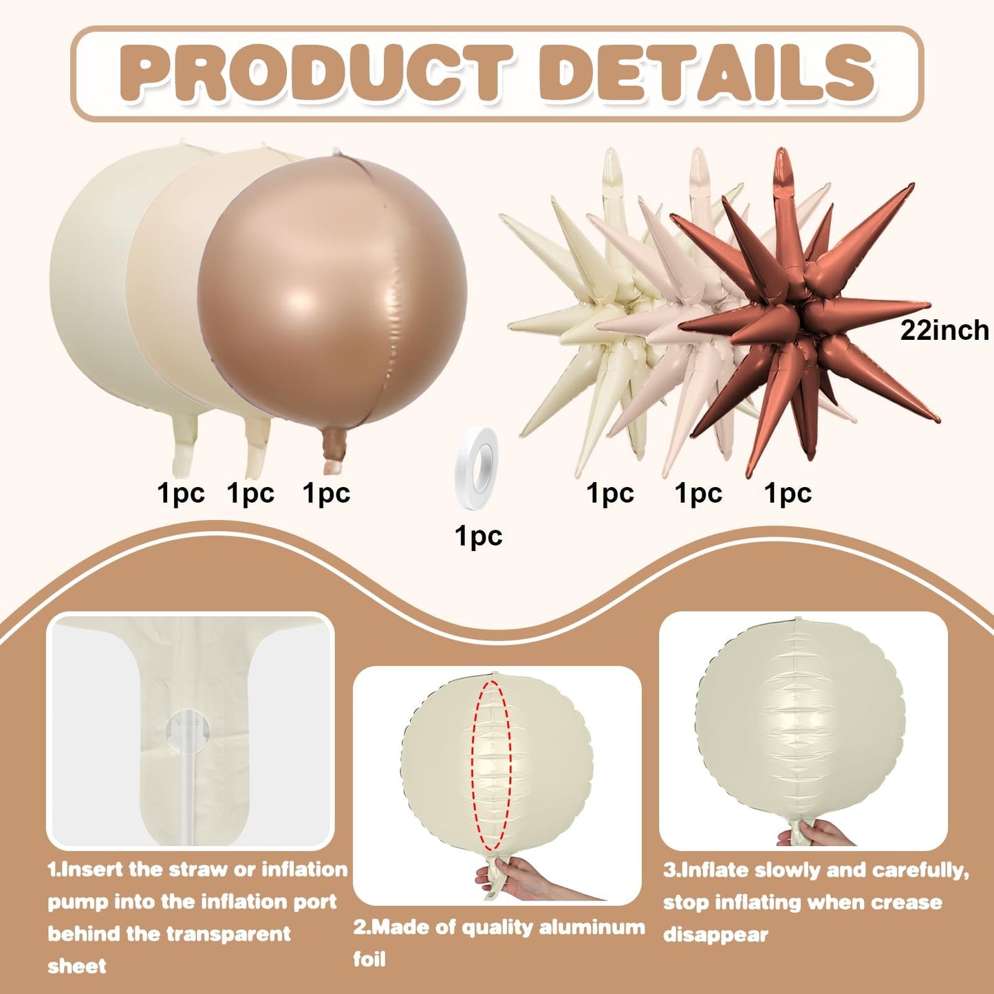 6Pcs Sand White Brown Foil Balloons,22Inch Cream Beige Tan 4D Round