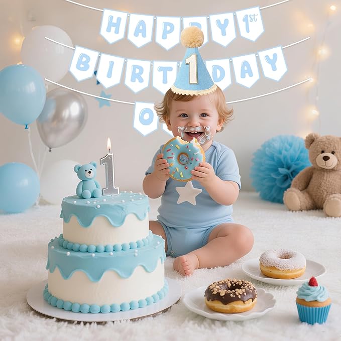 First Birthday Decorations for Boy Blue One Birthday Hat and Pre