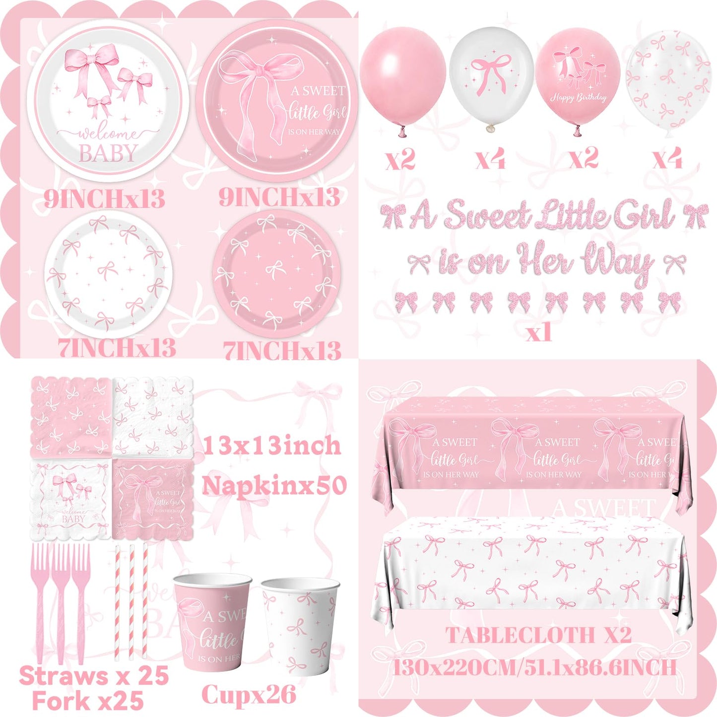 Pink Bow Baby Shower Decorations for Girl - Bow Party Tableware
